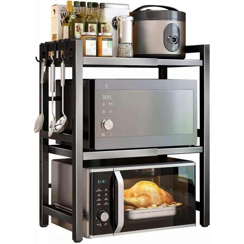 CARLA HOME 3-Tier Microwave Oven Rack with Adjustable Metal Kitchen Shelf Stand for Countertop Storage and 6 Hooks for Utensils