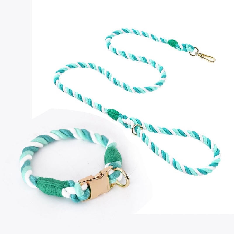 Handmade Gradient Rope Dog Collar & Leash Set – Colorful Braided Cotton (Light green – Size M)