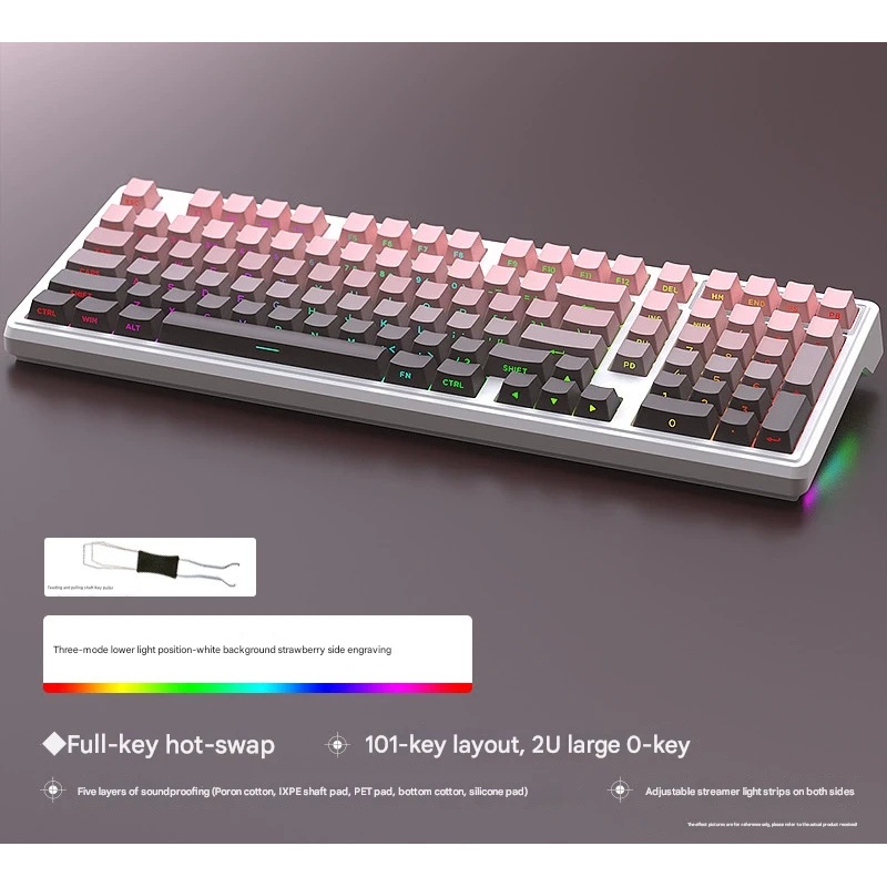 Tri-Mode RGB Mechanical Gaming Keyboard – 102-Key, Hot-Swappable, 4000mAh Battery, 5-Layer Sound Dampening(Strawberry on white)
