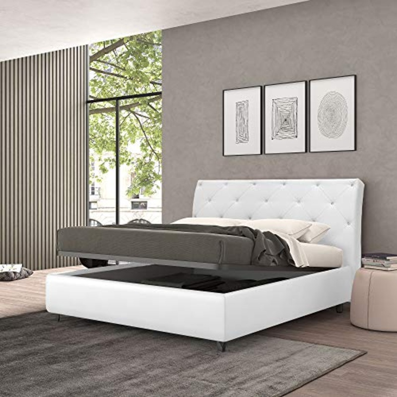 Talamo Italia Letto contenitore piazza e mezza Strauss, Made in Italy, Struttura in ecopelle imbottita, Adatto a materasso 120×190 cm, Bianco