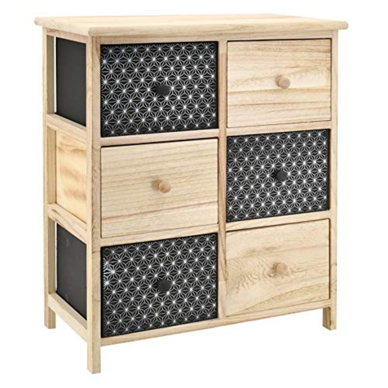 AubryGaspard – Cassettiera a 6 cassetti, in legno, colore: nero e naturale