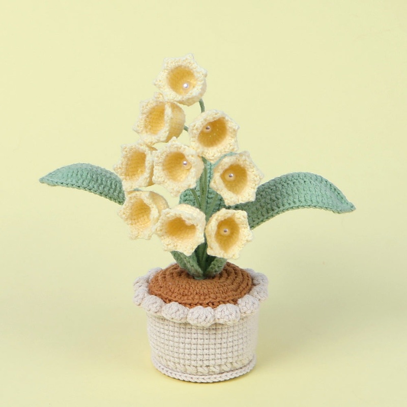 Handmade Crochet Lily of the Valley Potted Plant – Everlasting Crochet Flower Arrangement (9 heads Yellow)
