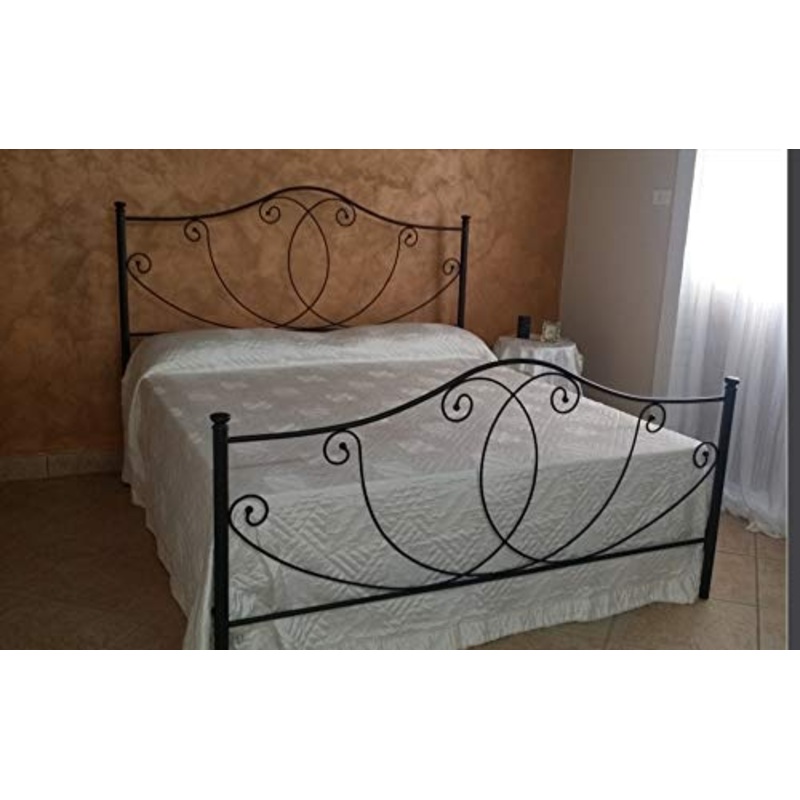 Letto Matrimoniale, Ferro BATTUTO, Modello Marta, 100% Made in Italy (Bianco, Sfumature Oro)