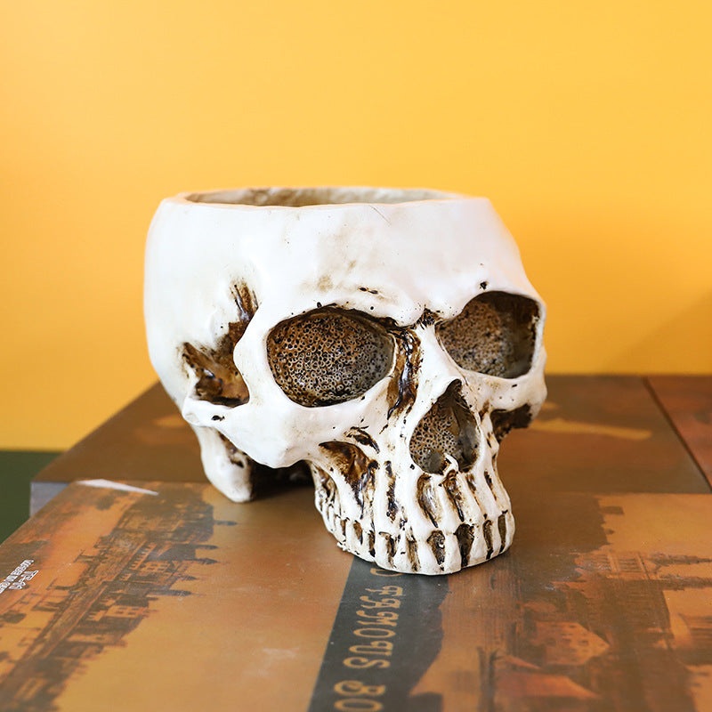 White Halloween Skull Resin Desktop Ornament and Pen Holder – Spooky Decor