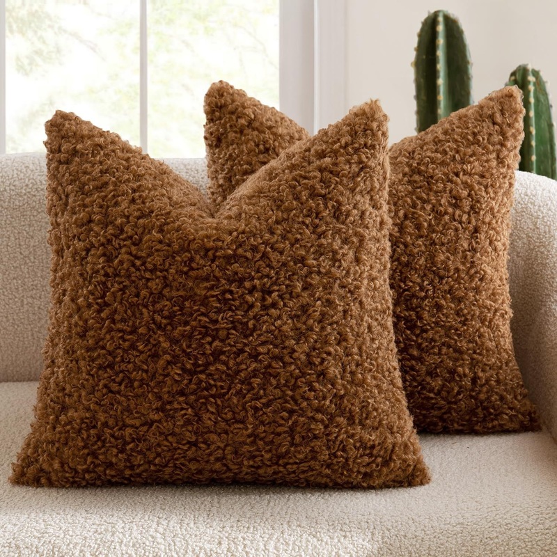 2 Pcs Brown Cozy Teddy Boucle Cushion Cover – Plush Decorative Square Pillow Case for Sofa & Bed