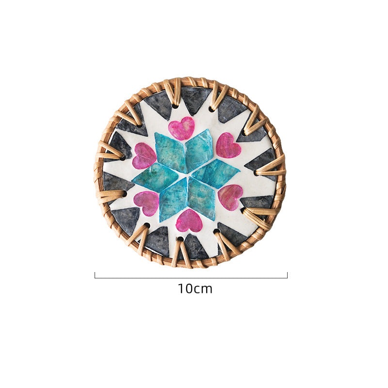 4 Pcs Beige Background With Blue and Pink flower Handcrafted Rattan Coaster with Natural Shell Inlay – Decorative & Heat Insulating Drink Mat