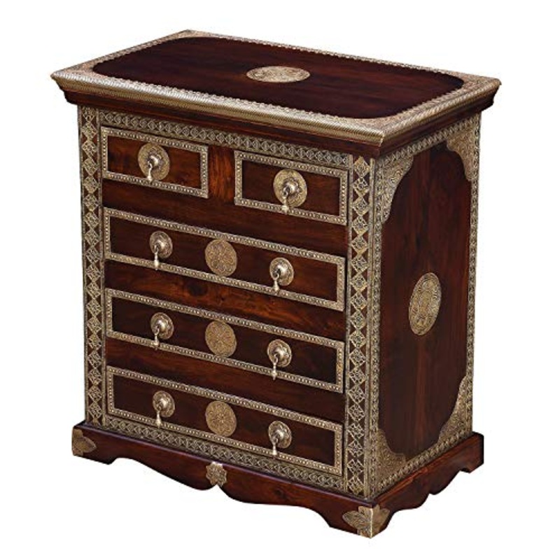 Casa Moro | Cassettone orientale Malek marrone 75x45x80 (LxPxH) in legno massello di sheesham decorato con intarsi in ottone pregiato | Puro artigianato | Tavolo da notte a 5 cassetti | MA80-140