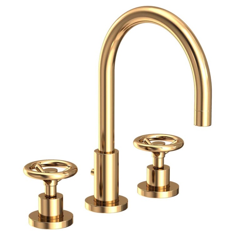 Lavatory Faucet Slater Widespread 8 to 20 Inch Spread 2 Wheel Polished Brass Uncoated Living 1.2 Gallons per Minute Brass Spout Height 6 Inch