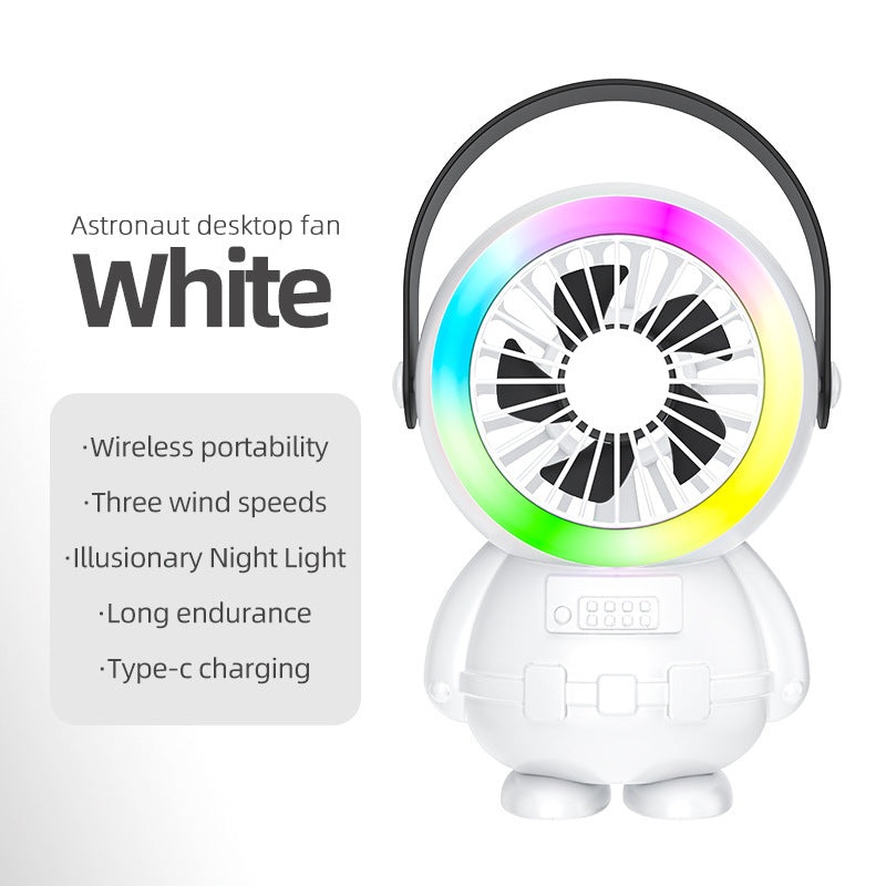 White Astronaut Portable Fan – USB Rechargeable Desk Fan with RGB Night Light