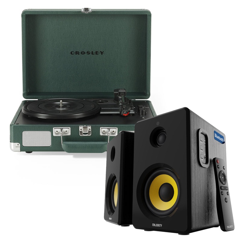 Crosley Cruiser Bluetooth Portable Turntable – Emerald Green + Bundled Majority D40X Bluetooth Speakers
