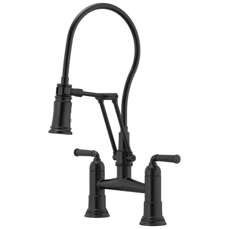 Kitchen Faucet Rook Bridge with Finished Semi-Flexible Hose 2 Lever ADA Matte Black 1.8 Gallons per Minute