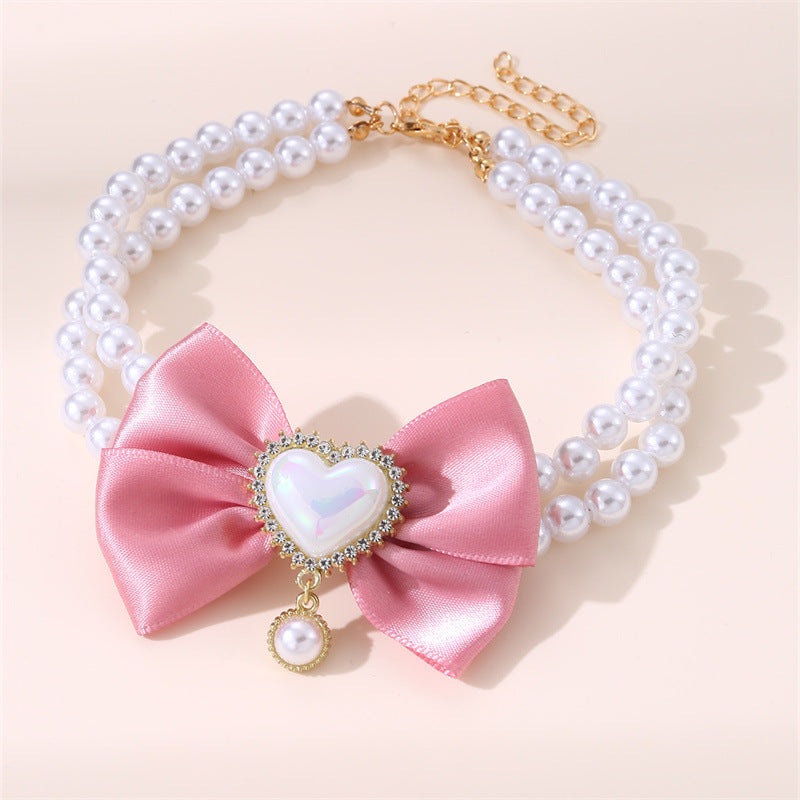 2 – PCS Cute Pet Pearl Necklace Collar with Pink Bow and Heart Charm – Size S