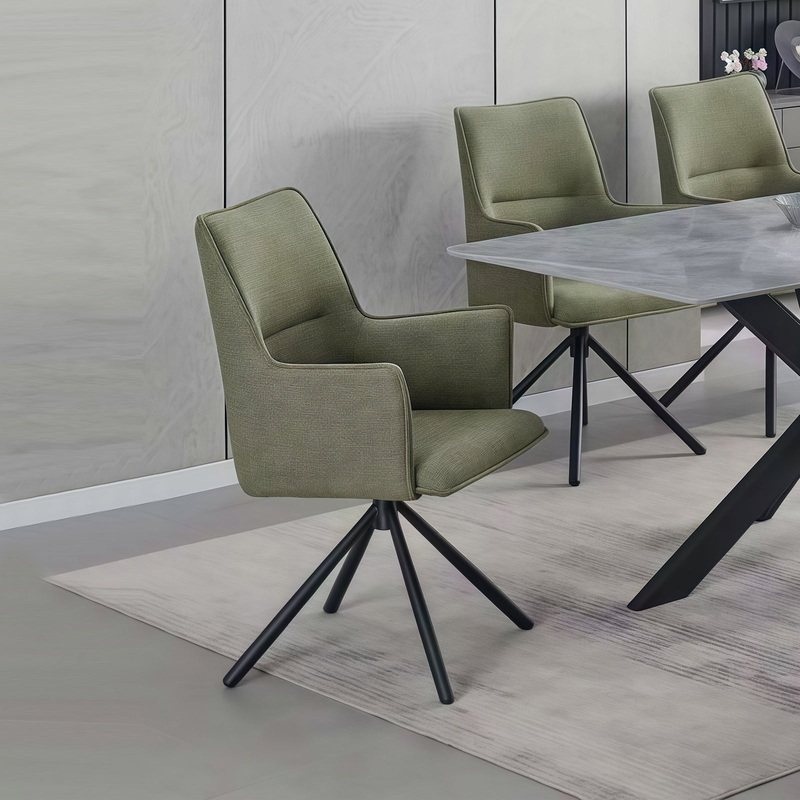 Dining Chair Green Linen Fabric Upholstered Seat Powder Coated Iron Legs