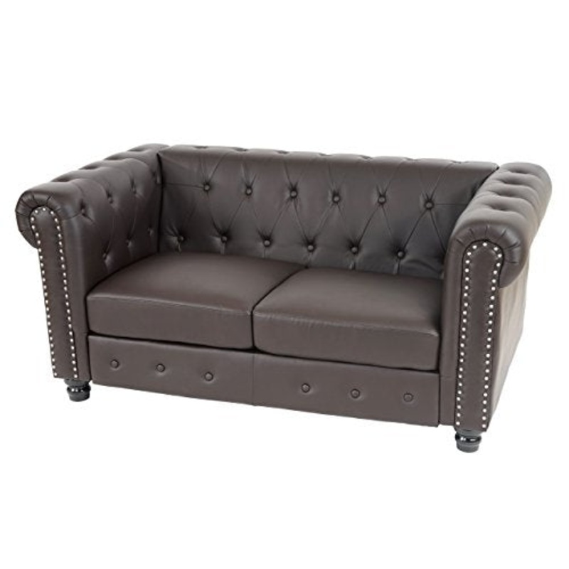 Divano 2 posti classico stile vittoriano Chesterfield ecopelle 90x160x74cm ~ marrone piedi rotondi