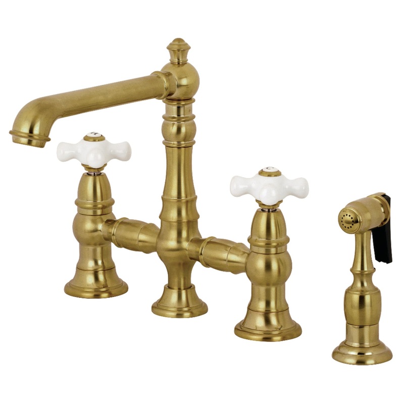 Kingston Brass KS7277PXBS English Country 8″ Bridge Kitchen Faucet with Sprayer, Brushed Brass