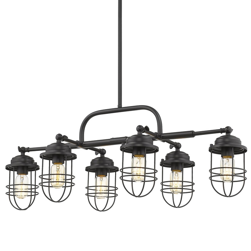 Six Light Linear Pendant from the Seaport BLK Collection in Matte Black Finish by Golden