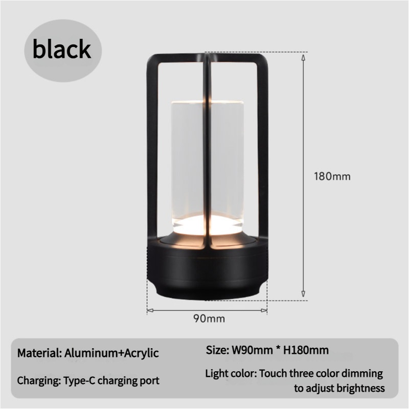 Black Rechargeable Table Lamp – Touch Dimming 3-Color LED Light for Bedroom and Office