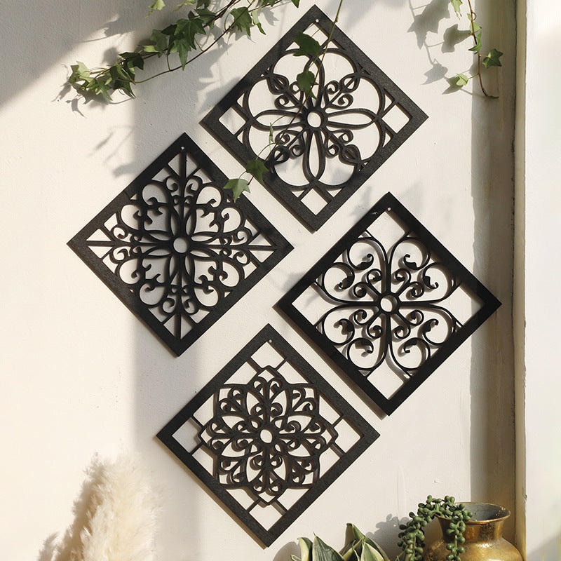 Black Set of 4 Intricate Black Wooden Wall Art Panels – Diamond Mandala Style Home Decor Plaques