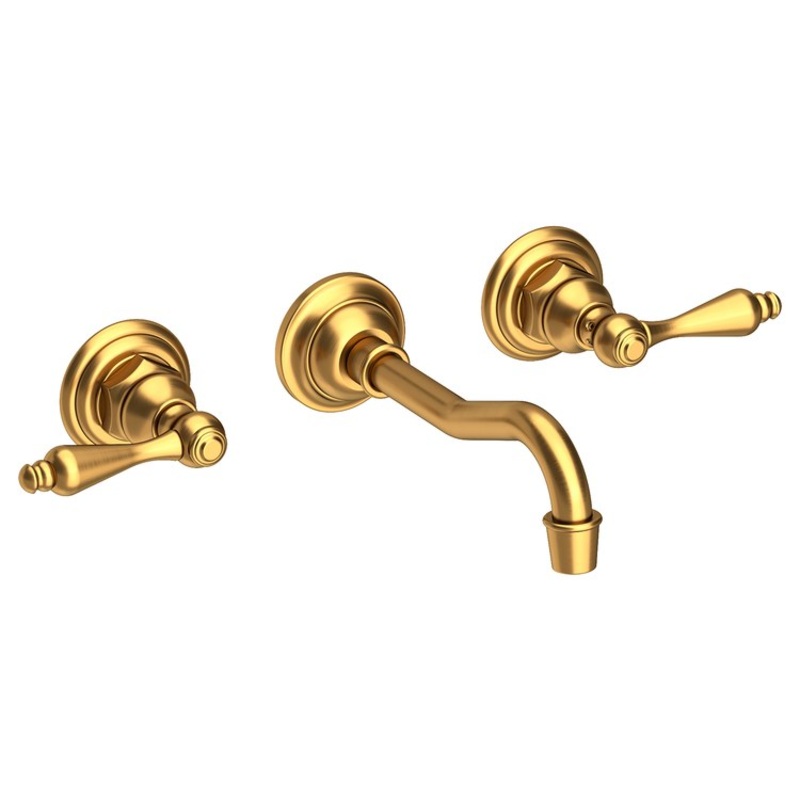 Lavatory Faucet Chesterfield Wall Mount 8 Inch Spread 2 Lever ADA WaterSense Satin Gold PVD 1.2 Gallons Per Minute Brass Less Drain Spout Reach 7-1/4 Inch