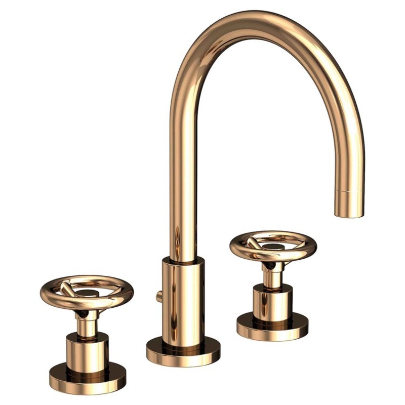 Lavatory Faucet Slater Widespread 8 to 20 Inch Spread 2 Wheel French Gold PVD 1.2 Gallons per Minute Brass Spout Height 6 Inch