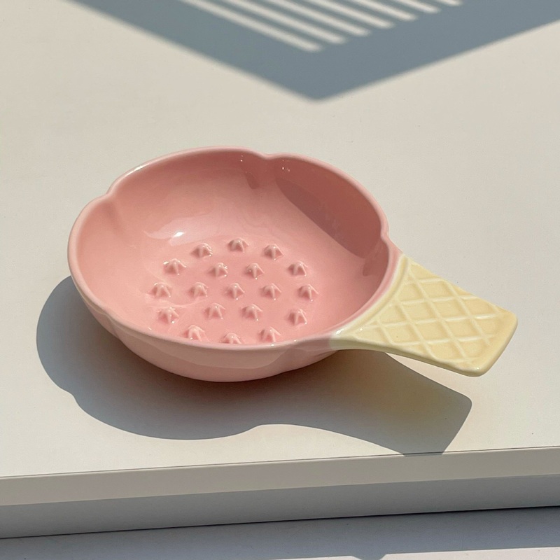 Pink and Yellow Adorable Ice Cream Cone Ceramic Slow Feeder Pet Bowl – Fun Anti-Gulp Design for Cats & Dogs