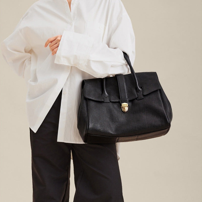 Size XL Coffee Elegant Women’s Leather Briefcase Tote – Vintage Style Large Capacity Commuter Handbag – Premium Cowhide Leather