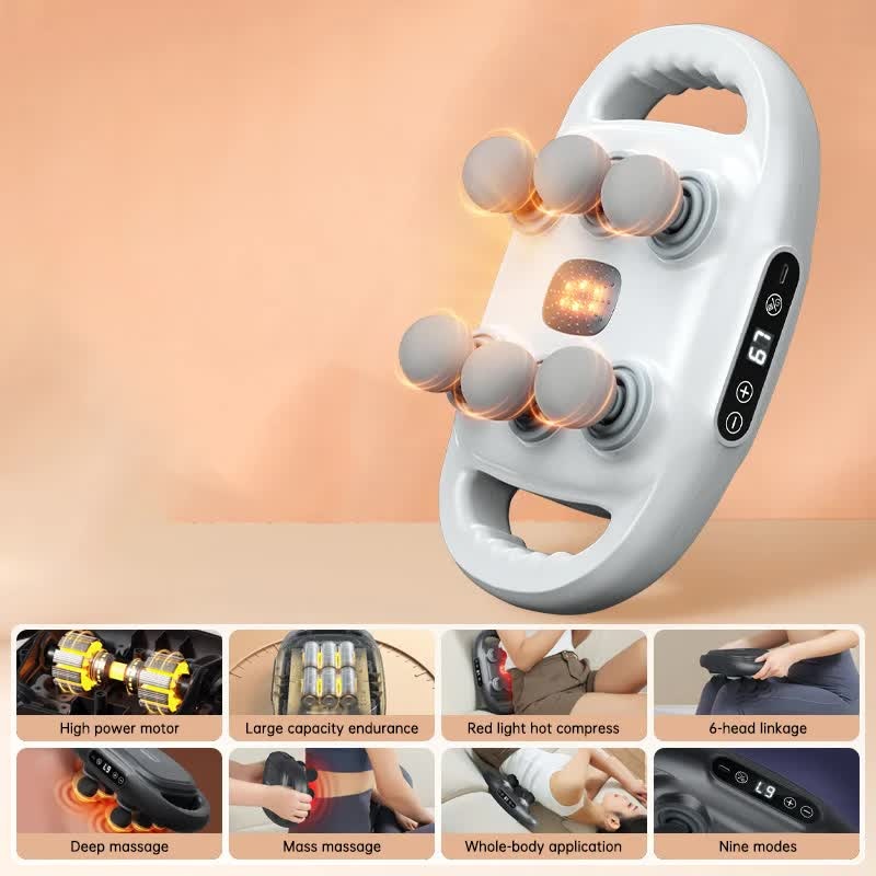 White Advanced 6-Head Percussion Massager with Heat – Rechargeable Deep Tissue Muscle Relief Gun