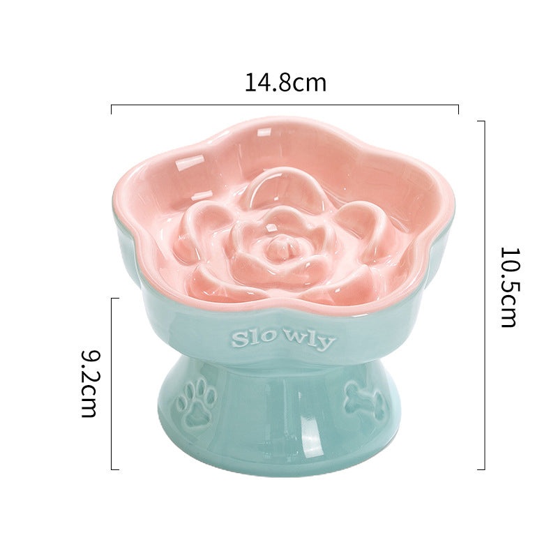 Blue and Pink Ceramic Slow Feeder Pet Bowl for Cats and Small Dogs – Anti-Choke Elevated Design with 15-Degree Tilted Rim
