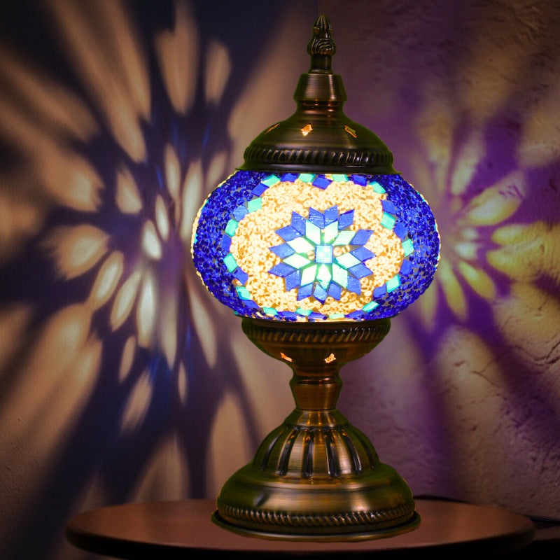 Blue Exotic Mosaic Table Lamp – Handmade Turkish/Moroccan Style, 3-Color LED (Style 1)