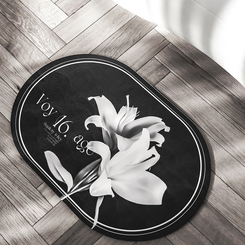 Elegant Floral Print Absorbent Floor Mat – Quick Dry, Non-Slip, Easy Clean Bathroom & Entryway Rug(White flowers on black background)