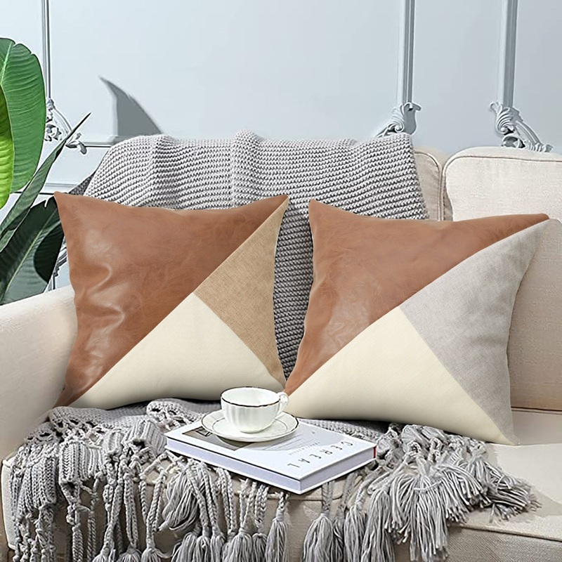 Khaki and Gray Modern Geometric Faux Leather & Cotton-Linen Cushion Covers – Set of 2, 45x45cm Decorative Pillowcases for Sofa & Car