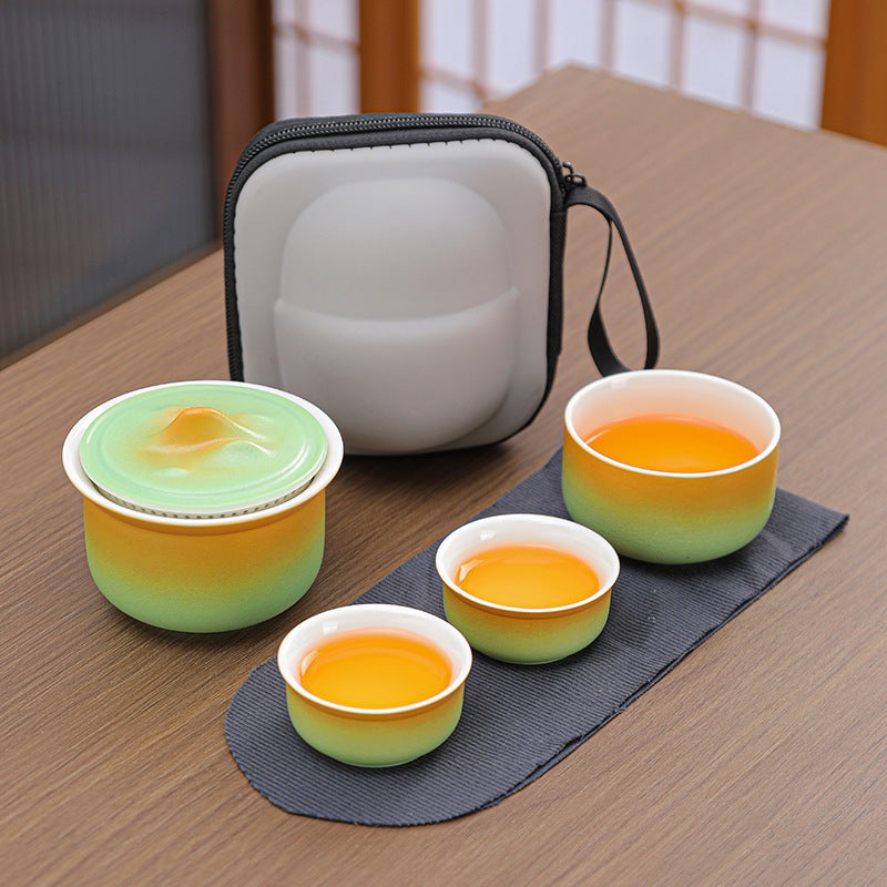 Portable Ceramic Tea Set for Travel – Quick Gaiwan with 3 Cups & Carrying Case(Yellow-green gradient)