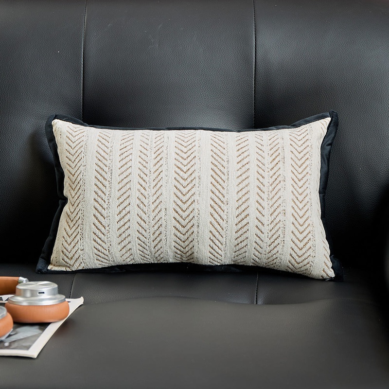 Black-beige 2PCS Luxe Thick Chenille Herringbone Pillow Cover – Solid Color Square Lumbar Pillow