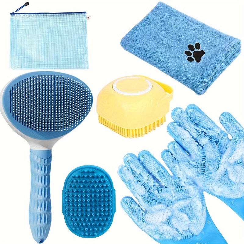 Blue 6-Piece Dog Grooming Bath Set – Absorbent Microfiber Towels & Wash Mitts for Shiny Coats
