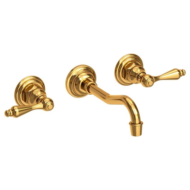 Lavatory Faucet Chesterfield Wall Mount 8 Inch Spread 2 Lever ADA WaterSense Aged Brass 1.2 Gallons Per Minute Brass Less Drain Spout Reach 7-1/4 Inch