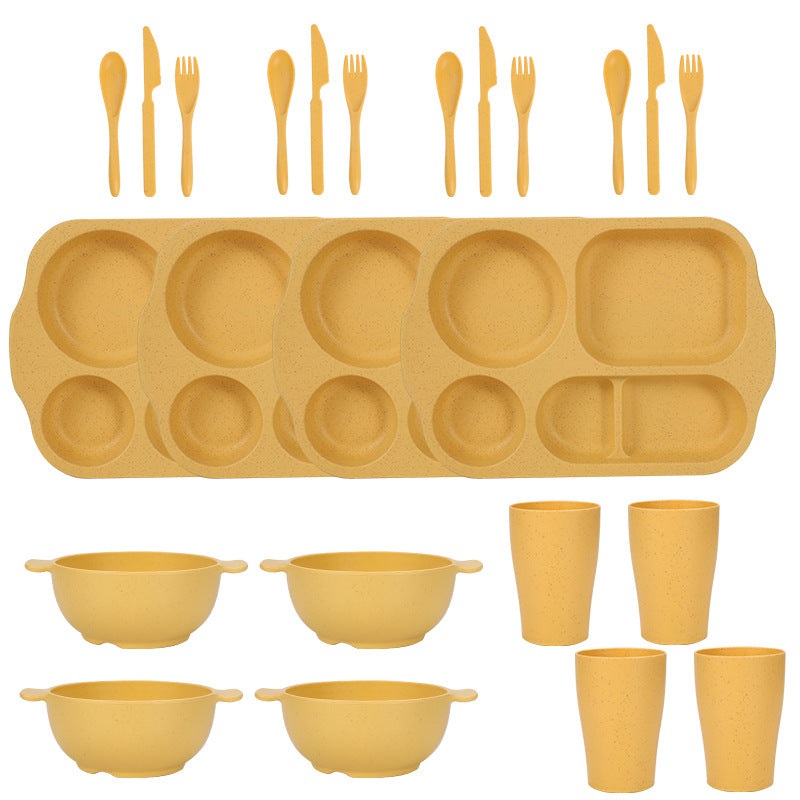 Yellow Durable Eco-Friendly Wheat Straw Dinnerware Set – 24 Pieces with Plates, Bowls, Cups & Cutlery