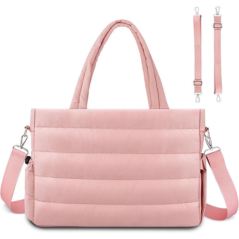 Pink Stylish Quilted Nylon Tote Bag – Large Capacity Diaper Nappy Bag for Travel & Stroller with Adjustable Straps