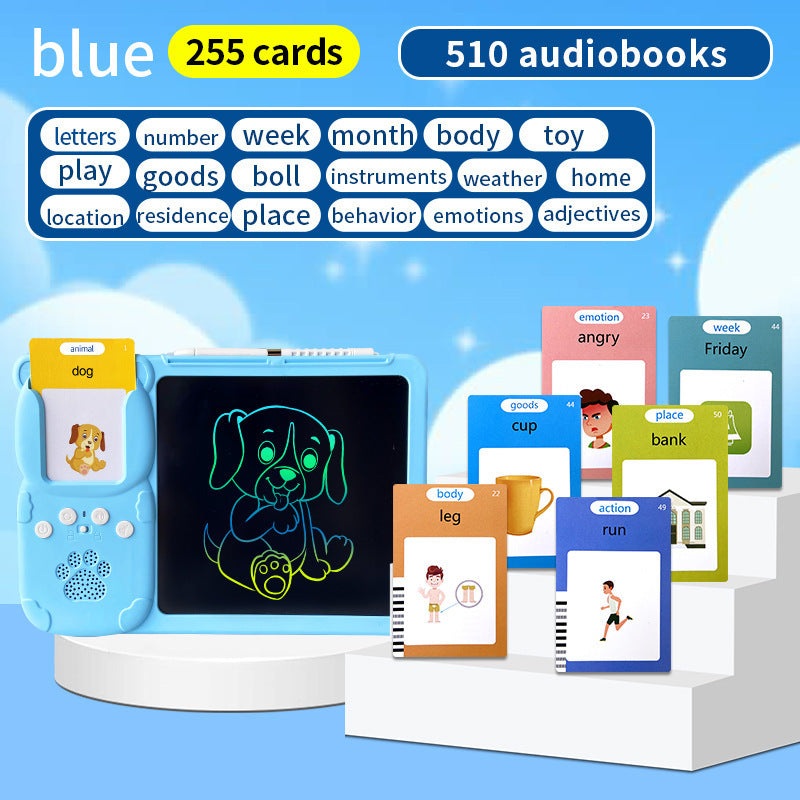 Blue (255 cards, pure English) Kids Interactive Early Education Toy: Combination Card Reader & LCD Drawing Board for Toddlers