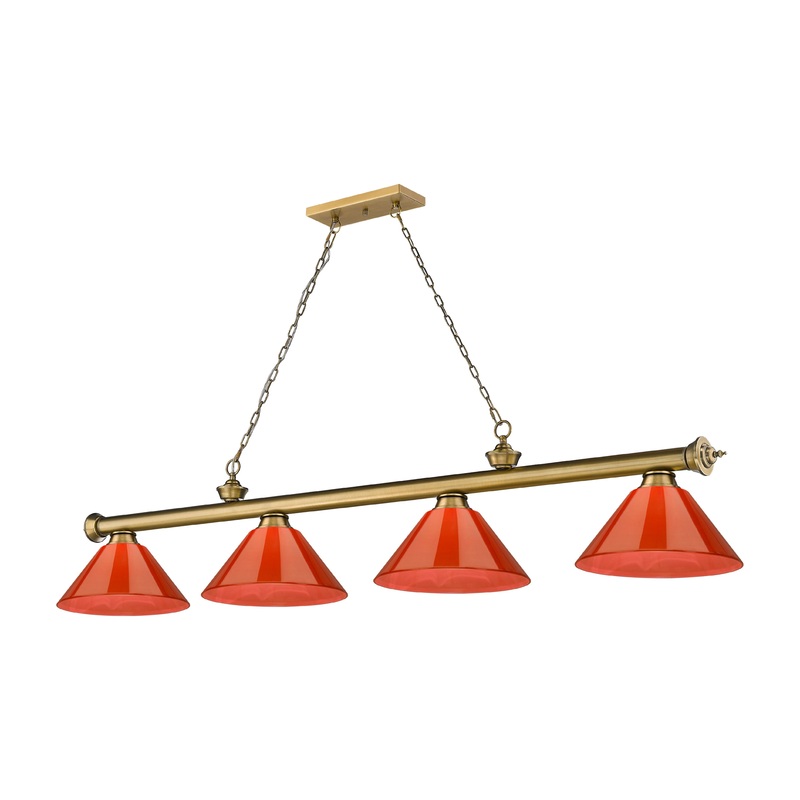 Cordon 4-Light Billiard Rubbed Brass Cone Red Plastic
