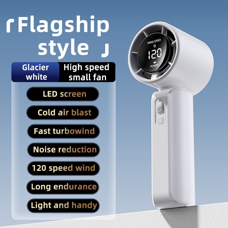 White Portable Handheld Fan with 120-Speed Display – USB Rechargeable Mini Cooling Fan for Outdoor Use