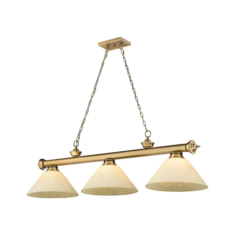 Cordon 3-Light Billiard Rubbed Brass Cone Golden Mottle Glass