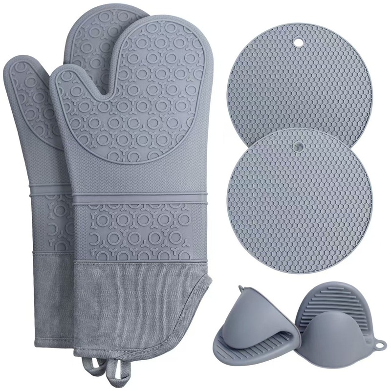 Grey 6-Piece Silicone Oven Mitts and Pot Holders Set – Extra Long Waterproof Heat Resistant Gloves with Non-Slip Grip for Kitchen Baking BBQ