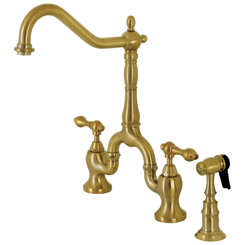 Kingston Brass KS7757ALBS 8″ Bridge Kitchen Faucet with Sprayer, Brushed Brass
