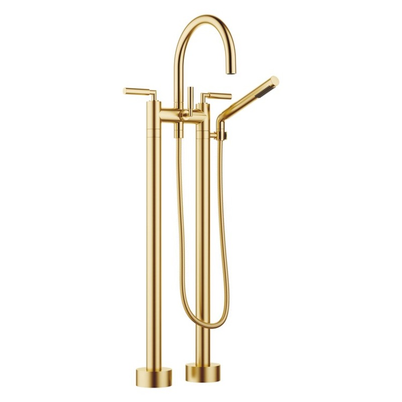 Tub Filler TARA Freestanding Mixer with Handshower 5-7/8 Inch Spread 3 Lever ADA Brushed Durabrass