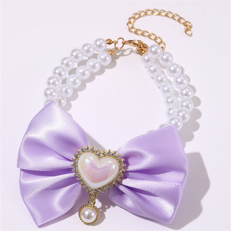 2 – PCS Cute Pet Pearl Necklace Collar with Purple Bow and Heart Charm – Size S