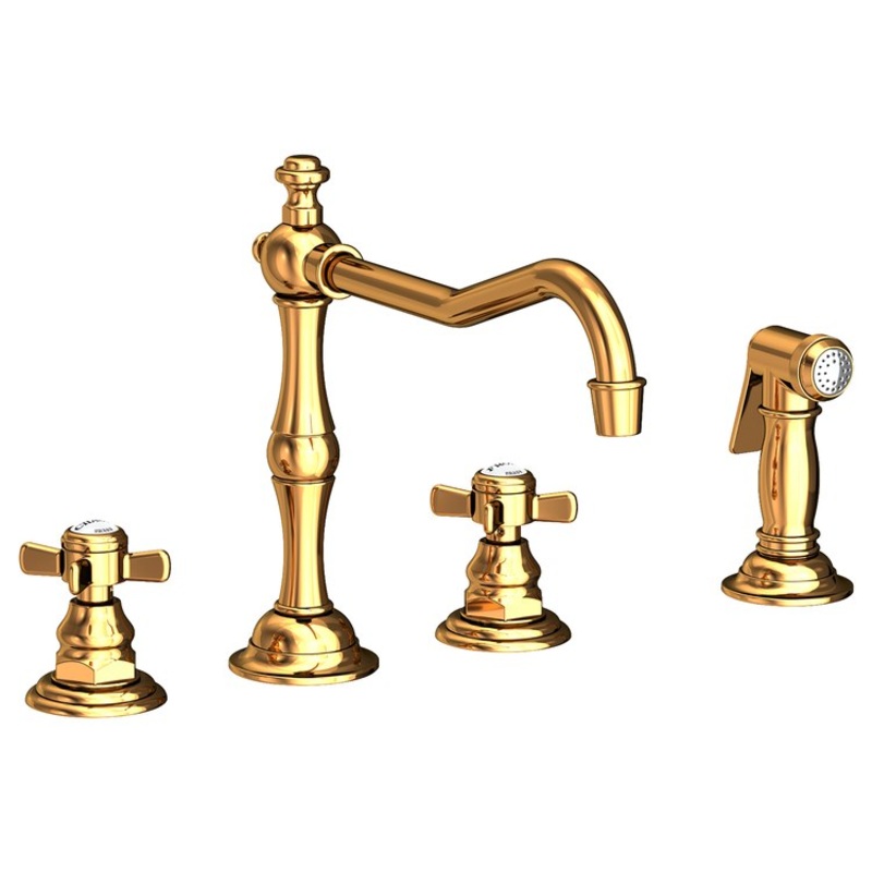 Kitchen Faucet Fairfield 8 to 20 Inch Spread 2 Cross ADA Polished Gold PVD Pull Out Sidespray Spout Height 5-5/9 Inch Spout Reach 9-1/2 Inch 1.8 Gallons per Minute