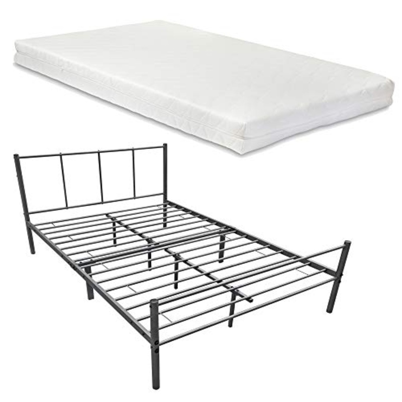 [en.casa] Struttura Letto in Metallo con Testiera e Pediera con Materasso a Schiuma Fredda140 x 200 cm Letto Francese/Matrimoniale – Grigio Scuro