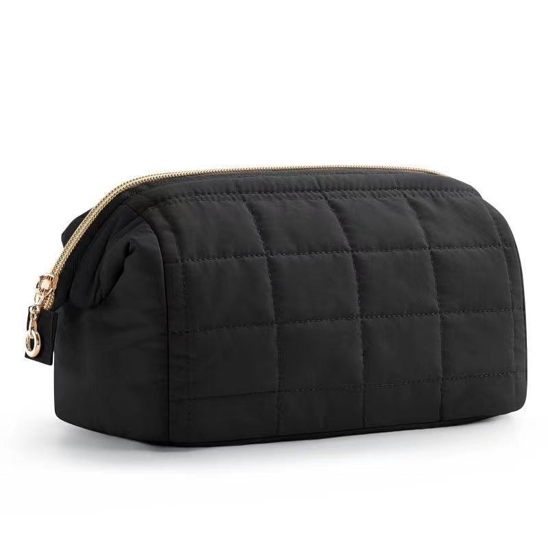 Black Chic Quilted Puffer Makeup Bag – Large Capacity Travel Cosmetic Organizer with Wide Opening