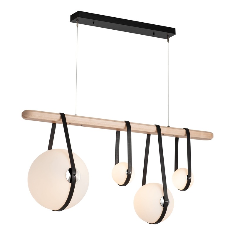 Derby Linear 4-Light LED Pendant Black Polished Nickel with Black Leather Maple Wood