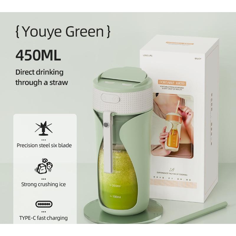 Portable Wireless Juicing Cup – 450ml, 6-Blade Ice Crusher, USB-C Fast Charging Smoothie Blender(green)
